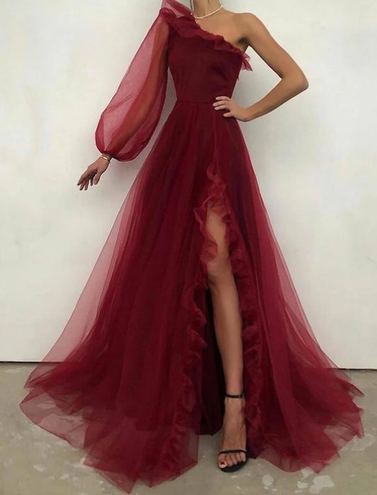 Wholesa A-Line Evening Gown Elegant Dress Wedding Guest Formal Evening Sweep / Brush Train Long Sleeve One Shoulder Tulle with Ruffles Slit