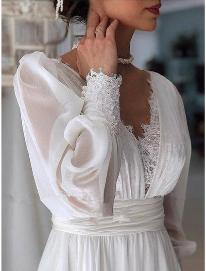 Wholesa Formal Wedding Dresses A-Line V Neck Long Sleeve Sweep / Brush Train Chiffon Bridal Gowns With Pleats Solid Color