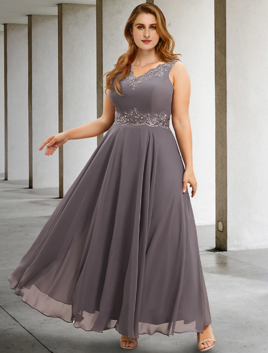 Wholesa Two Piece A-Line Wedding Guest Dresses Plus Size Hide Belly Elegant Dress Formal Tea Length Sleeveless V Neck Chiffon with Appliques