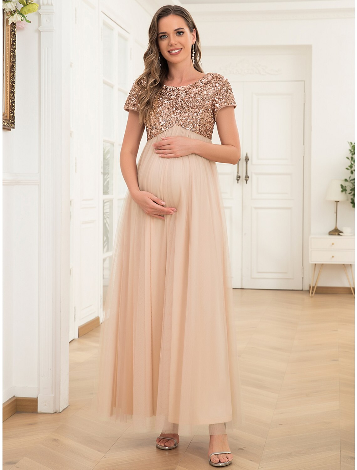 Wholesa A-Line Party Dresses Maternity Dress Party Wear Wedding Guest Ankle Length Short Sleeve Jewel Neck Tulle with Sequin