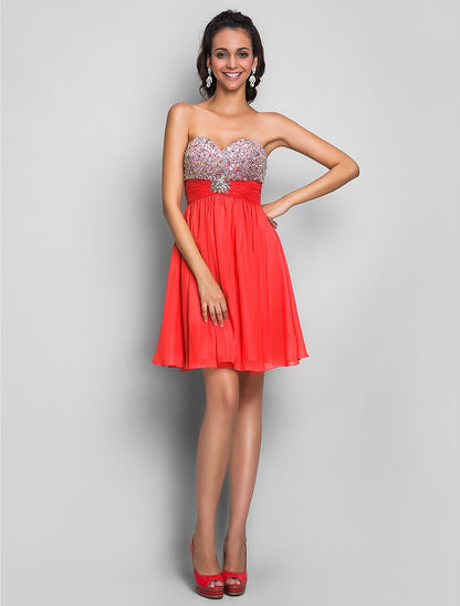 wholesale  A-Line Cute Dress Wedding Guest Short / Mini Sleeveless Sweetheart Chiffon with Ruched Crystals Beading