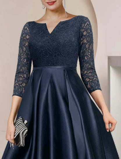 wholesale  A-Line Mother of the Bride Dress Formal Wedding Guest Elegant High Low Scoop Neck Asymmetrical Tea Length Satin Lace 3/4 Length Sleeve with Pleats Beading