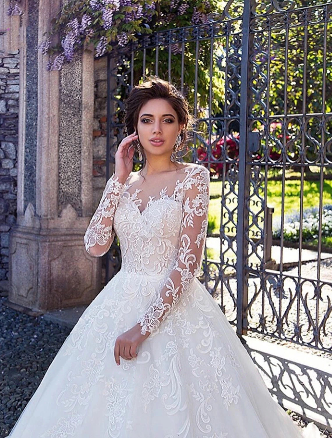 Wholesale Engagement Formal Fall Wedding Dresses Ball Gown Illusion Neck Long Sleeve Court Train Lace Bridal Gowns With Lace Appliques Summer Wedding Party