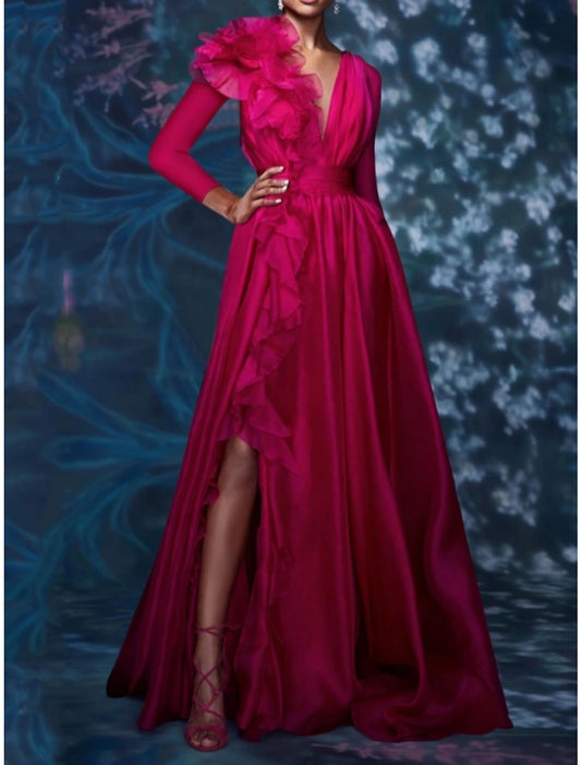 Aimishang A-Line Evening Gown Floral Dress Red Green Dress Wedding Guest Wedding Party Floor Length Long Sleeve V Neck Chiffon with Pleats Slit