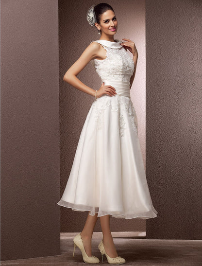 Wholesale Hall Wedding Dresses A-Line Illusion Neck Sleeveless Tea Length Lace Bridal Gowns With Pearl Beading Summer Wedding P