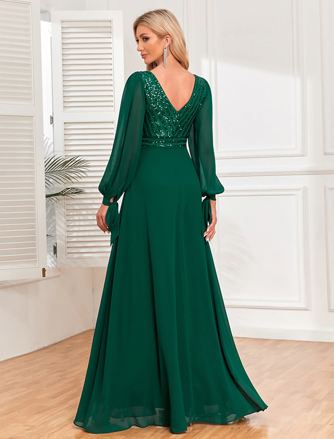 Wholesa A-Line Evening Gown Empire Dress Evening Party Wedding Reception Floor Length Long Sleeve V Neck Fall Wedding Guest Chiffon V Back with Sequin