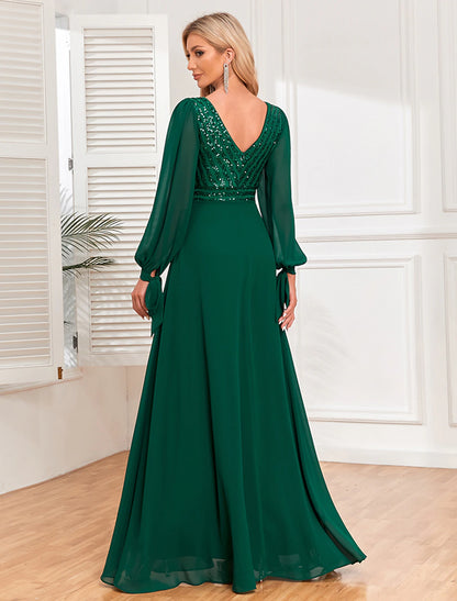 Wholesa A-Line Evening Gown Empire Dress Evening Party Wedding Reception Floor Length Long Sleeve V Neck Fall Wedding Guest Chiffon V Back with Sequin