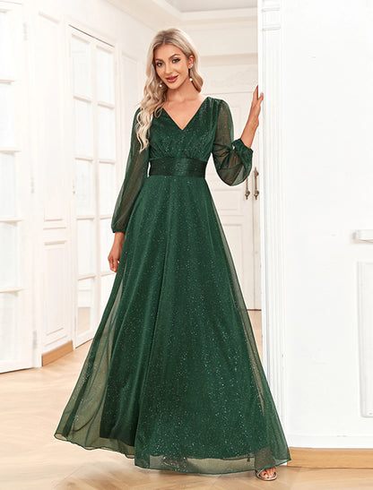 Wholesale A-Line Evening Gown Elegant Dress Formal Floor Length Long Sleeve V Neck Chiffon with Sequin