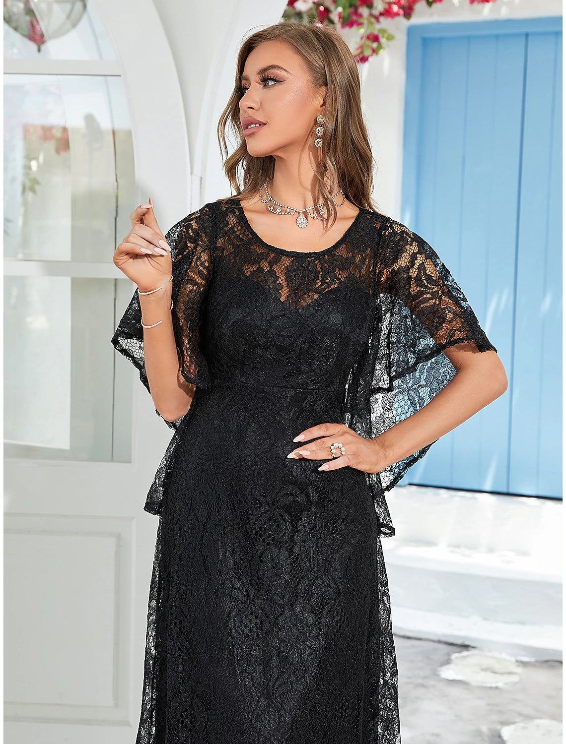 wholesale   A-Line Wedding Guest Dresses Elegant Dress Party Wear Ankle Length Half Sleeve Jewel Neck Lace with Ruffles Appliques