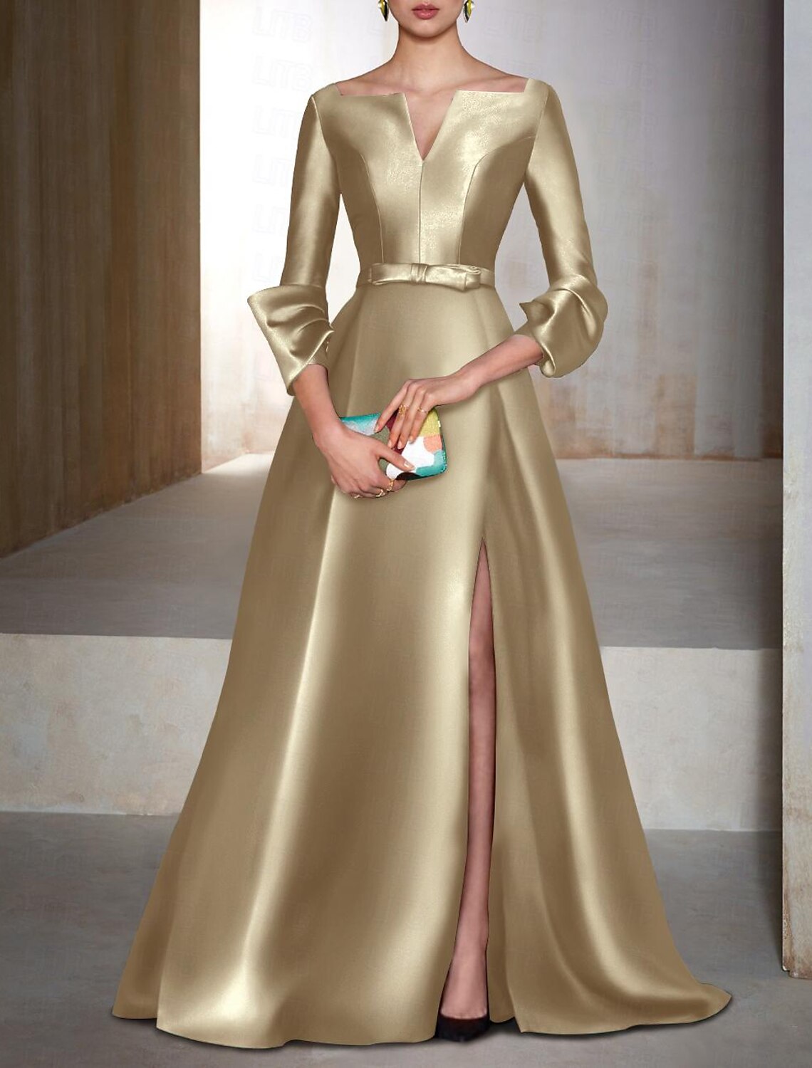 Wholesa A-Line Evening Gown Elegant Dress Formal Cocktail Party Floor Length Long Sleeve V Neck Wedding Guest Satin