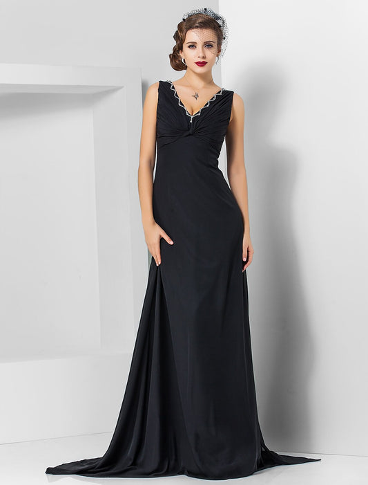 Wholesa Sheath / Column Elegant Engagement Formal Evening Dress V Neck Sleeveless Sweep / Brush Train Chiffon with Crystals Draping