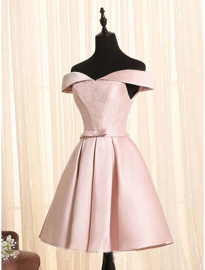 wholesale     A-Line Minimalist Elegant Engagement Cocktail Party Dress Off Shoulder Sleeveless Short / Mini Satin with Bow(s) Lace Insert