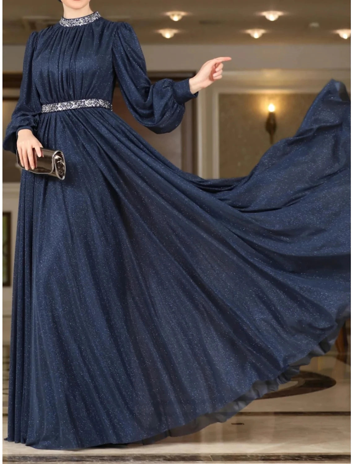 Wholesa  A-Line Evening Gown Elegant Dress Formal Floor Length Long Sleeve Jewel Neck Lurex Fabric with Rhinestone Pleats