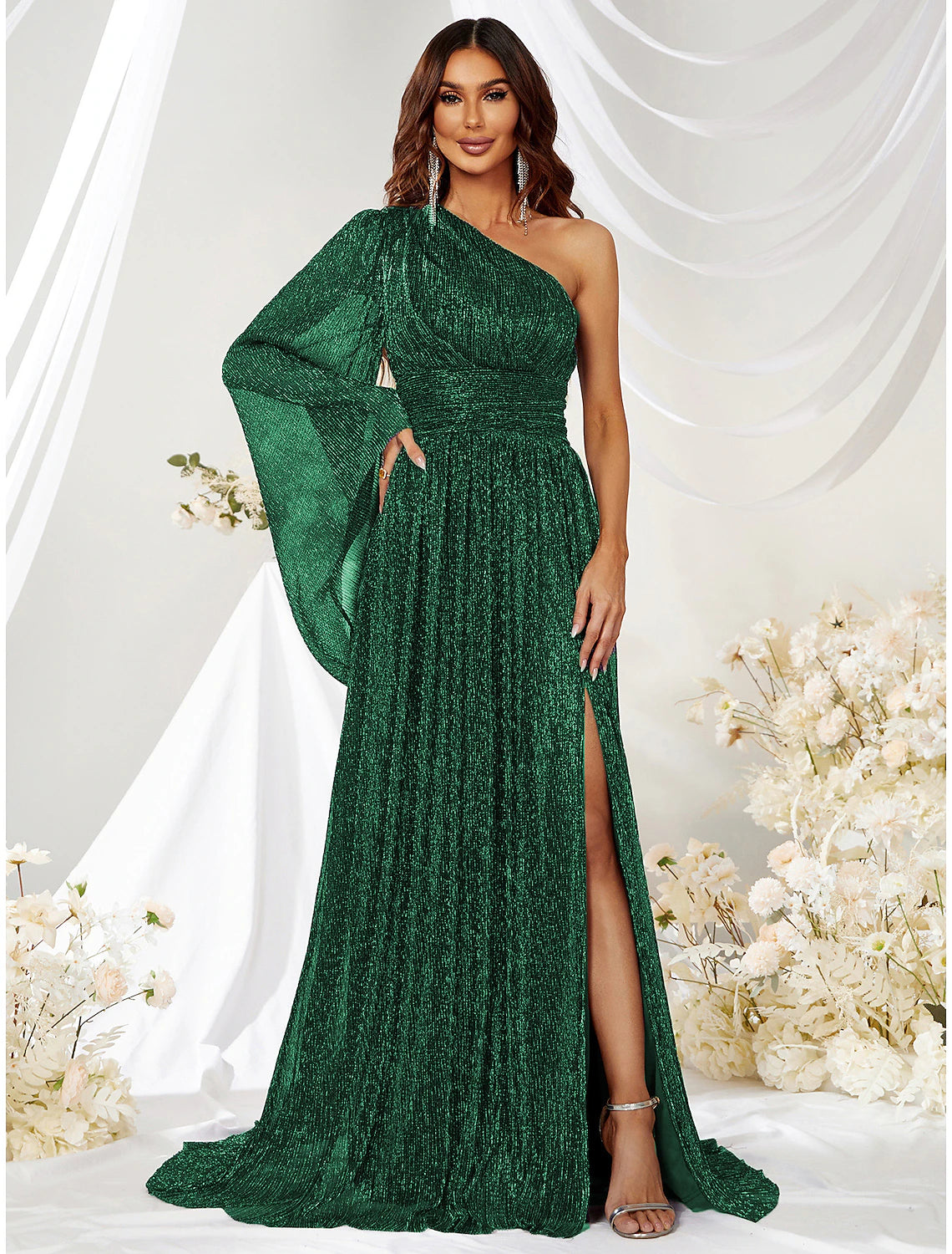 Wholesa  A-Line Wedding Guest Dresses Sparkle Christmas Green Dress Formal Evening Party Sweep / Brush Train Long Sleeve One Shoulder Polyester with Glitter Slit