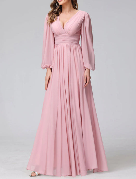 Wholesa A-Line Bridesmaid Dress V Neck Long Sleeve Pink Floor Length Chiffon with Split Front / Ruching