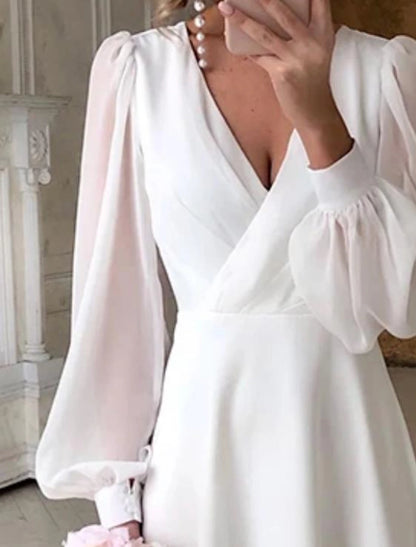 Wholesa Simple Wedding Dresses Little White Dresses A-Line V Neck For Wedding Reception Lantern Sleeve Ankle Length Chiffon Bridal Shower Gowns With Solid Color