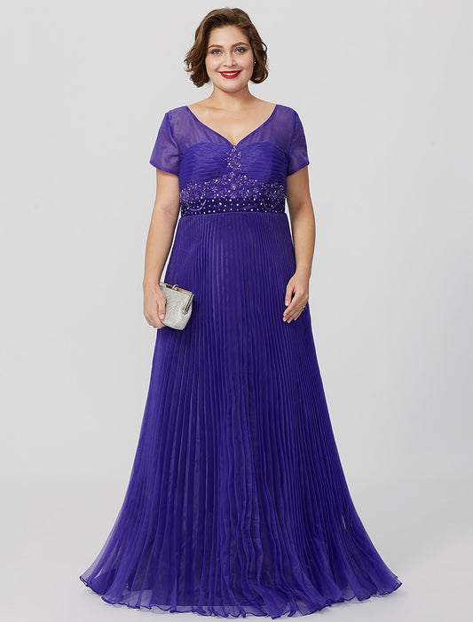 Wholesa Princess Mother of the Bride Dress Elegant & Luxurious Glamorous & Dramatic Plus Size V Neck Floor Length Organza Short Sleeve No with Pleats Beading Appliques