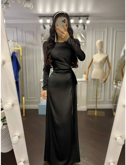 Wholesa Sheath Party Dress Evening Gown Elegant Dress Wedding Guest Fall Floor Length Long Sleeve High Neck Bridesmaid Dress Satin with Ruched