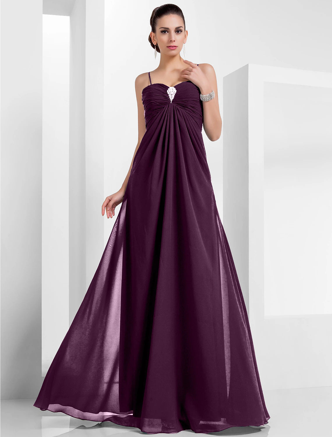 Wholesa A-Line Empire Holiday Formal Evening Dress Spaghetti Strap Sleeveless Floor Length Chiffon with Crystals