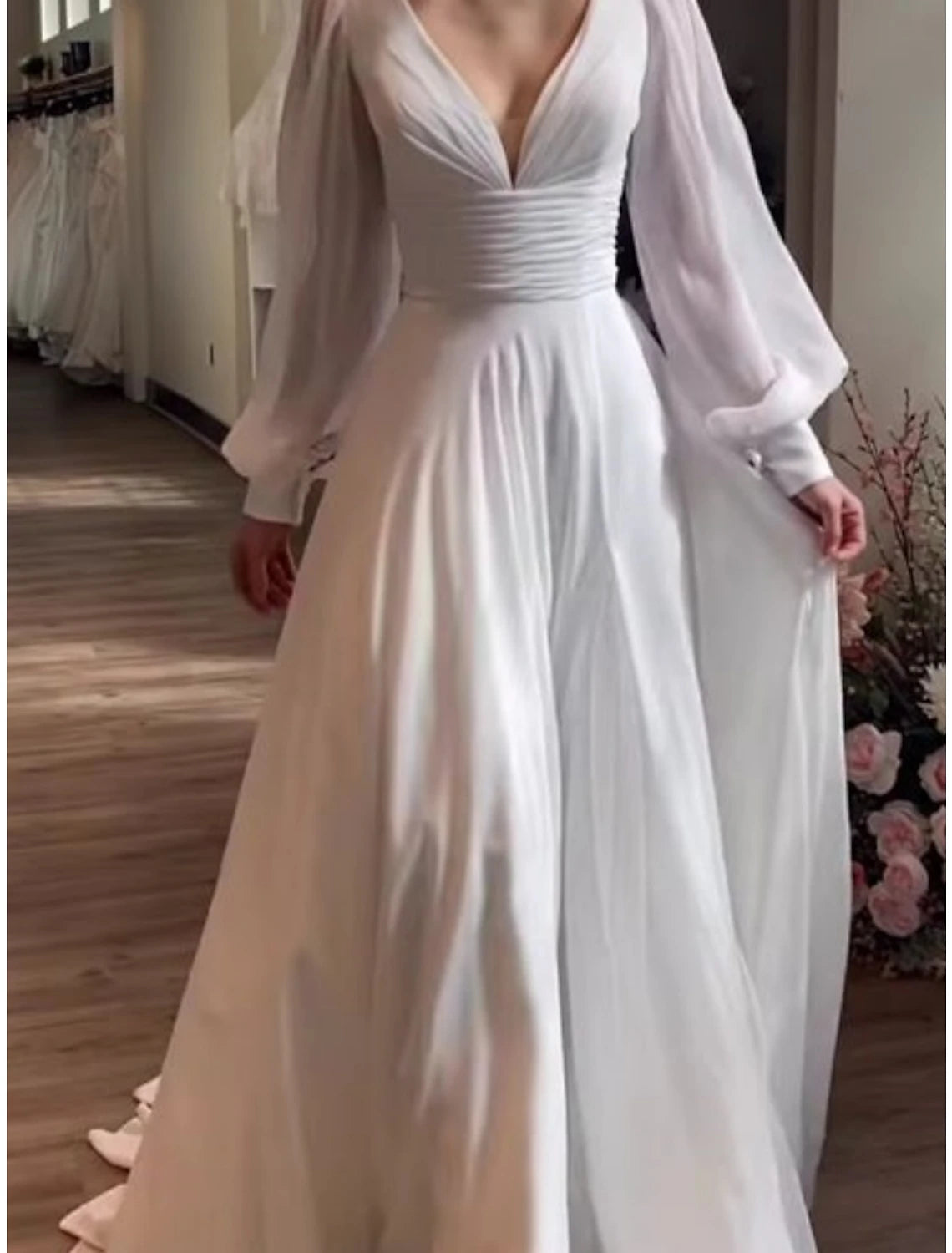 Wholesa Simple Wedding Dresses Wedding Dresses A-Line Off Shoulder Cap Sleeve Tea Length Satin Bridal Gowns With Pleats Solid Color