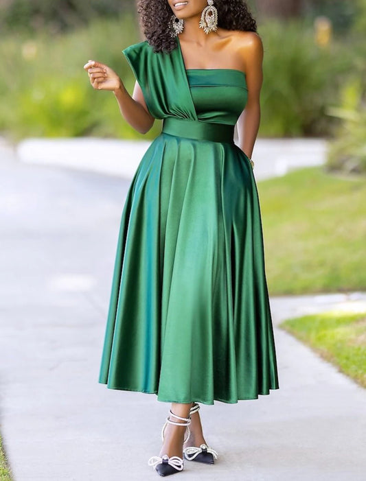 Wholesa A-Line Cocktail Dresses Elegant Dress Wedding Guest Party Wear Ankle Length Sleeveless One Shoulder Charmeuse with Pleats