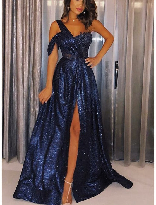 Aimishang A-Line Evening Gown Elegant Dress Formal Floor Length Sleeveless One Shoulder Sequined with Slit and Appliques