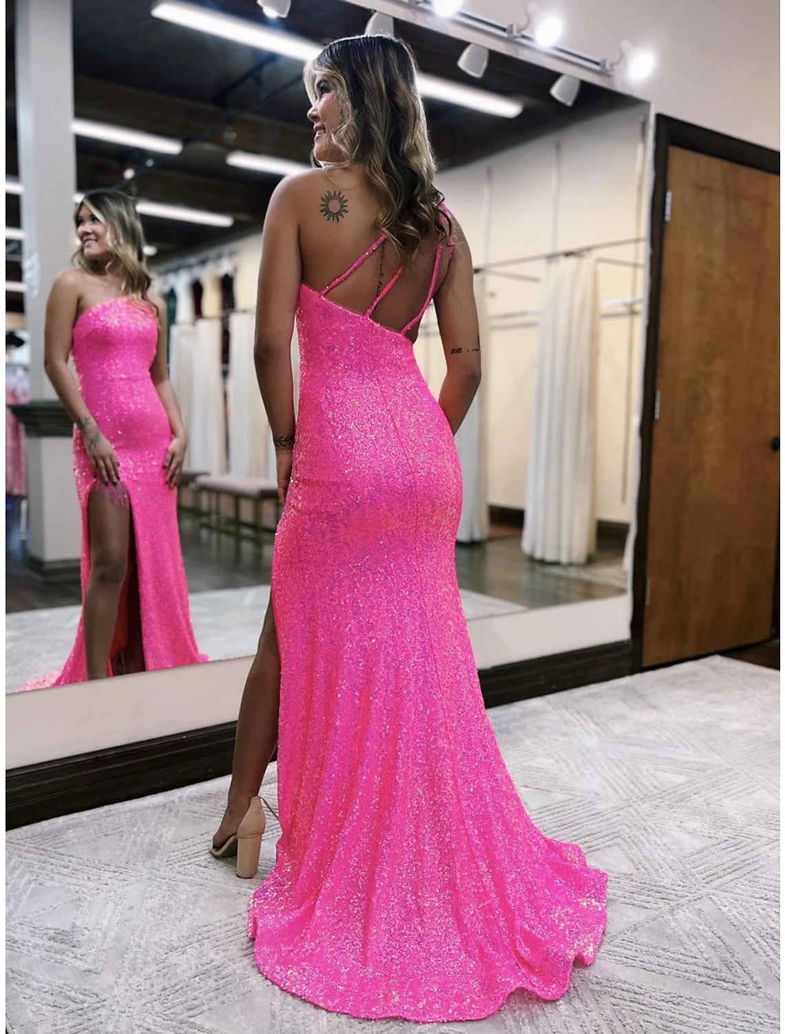 Wholesale Mermaid / Trumpet Prom Dresses Sparkle & Shine Dress Formal Sweep / Brush Train Sleeveless One Shoulder Sequined Backless with Sequin Slit