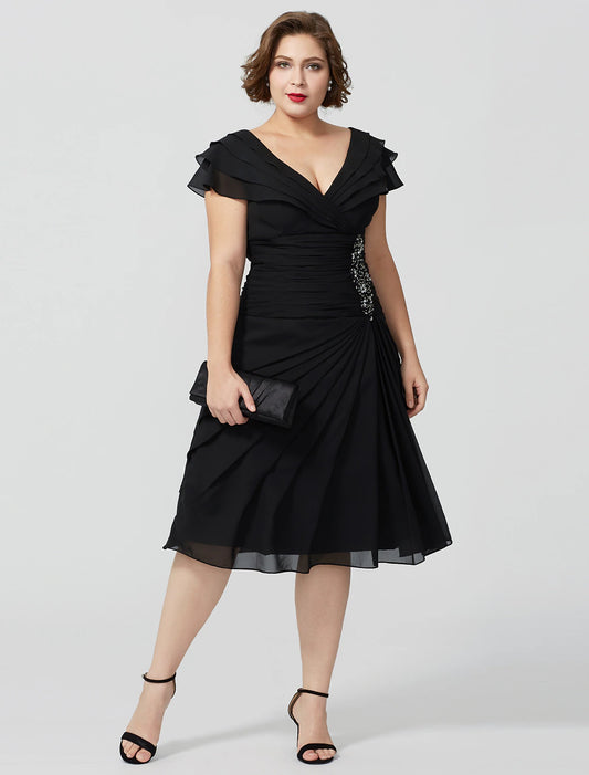 Wholesa A-Line Mother of the Bride Dress Plus Size Elegant Sexy V Neck Knee Length Chiffon Short Sleeve No with Beading Tiered