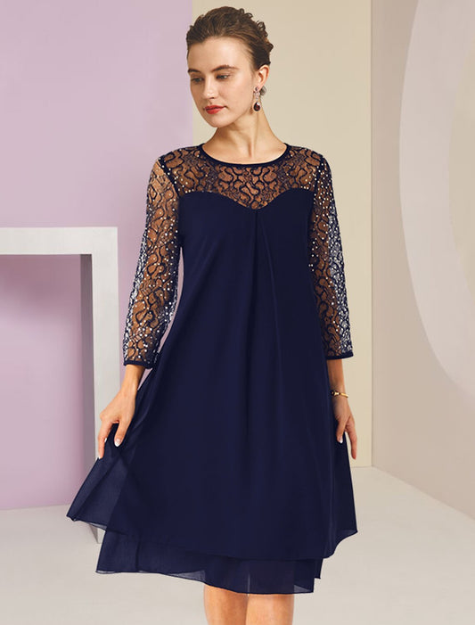 Wholesa A-Line Mother of the Bride Dress Formal Wedding Guest Elegant Scoop Neck Knee Length Lace 3/4 Length Sleeve with Sequin