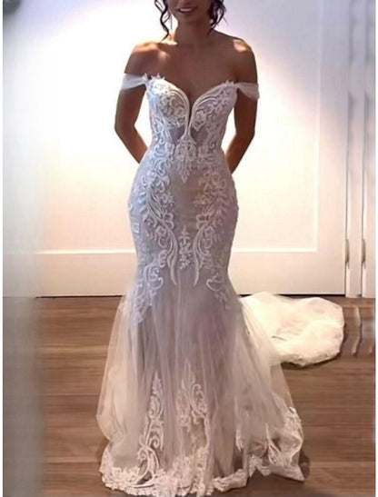 Wholesa Formal Wedding Dresses Mermaid / Trumpet Off Shoulder Sleeveless Court Train Lace Bridal Gowns With Pleats