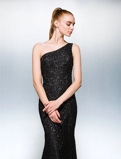 Wholesa Sheath / Column Sparkle & Shine Dress Holiday Cocktail Party Court Train Sleeveless One Shoulder Lace with Beading