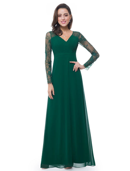 Wholesa A-Line Evening Gown Elegant Dress Wedding Guest Formal Evening Floor Length Long Sleeve V Neck Chiffon with Sash / Ribbon Ruched Lace Insert