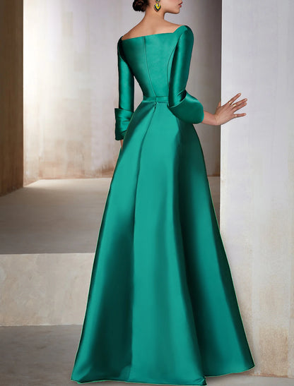 Wholesa A-Line Evening Gown Elegant Dress Formal Cocktail Party Floor Length Long Sleeve V Neck Wedding Guest Satin