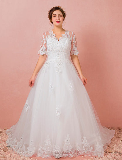 Wholesale Hall Wedding Dresses A-Line V Neck Half Sleeve Cathedral Train Satin Bridal Gowns With Lace Crystals Summer Wedding Party