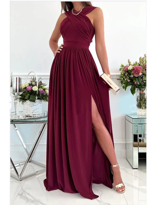 Wholesa A-Line Prom Dresses Sexy Dress Formal Wedding Guest Floor Length Sleeveless Halter Neck Bridesmaid Dress Chiffon with Ruched Slit