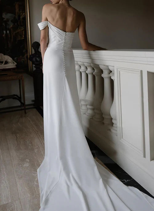 Wholesale Elegant Sheath One-Shoulder Sleeveless Satin Wedding Dresses with Slit