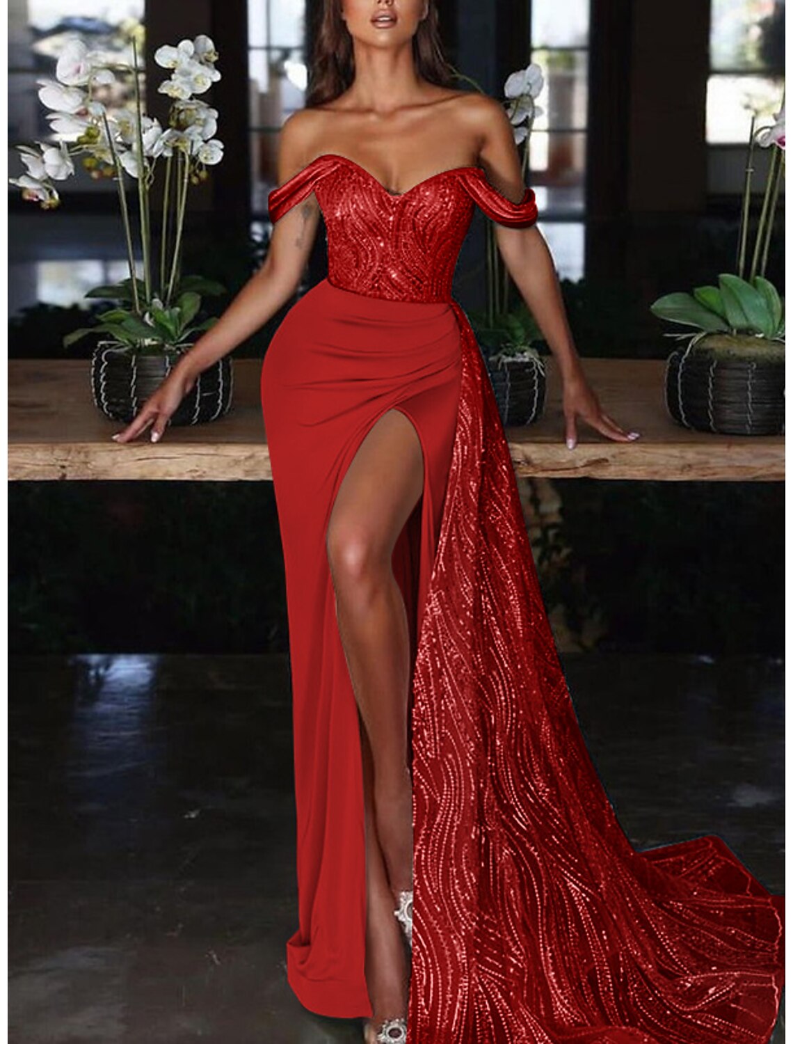 Wholesa Mermaid Dress Evening Gown Red Green Dress Dress Formal Wedding Guest Court Train Sleeveless Off Shoulder Charmeuse with Ruched Sequin Slit