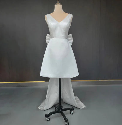 Wholesale Elegant A-Line Satin V-Neck Short Wedding Dress with Large Bow