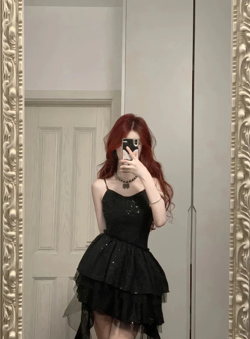 Aimishang Shiny Black Spaghetti Straps A Line Sleeveless Short Homecoming Dress Stylish Birthday Party Dress