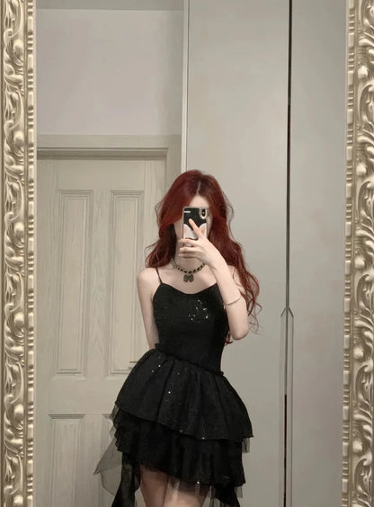 Aimishang Shiny Black Spaghetti Straps A Line Sleeveless Short Homecoming Dress Stylish Birthday Party Dress