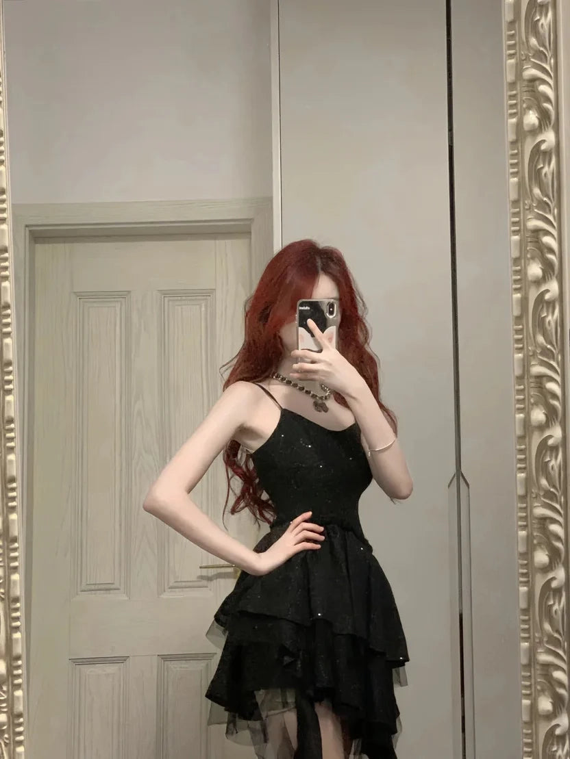 Aimishang Shiny Black Spaghetti Straps A Line Sleeveless Short Homecoming Dress Stylish Birthday Party Dress