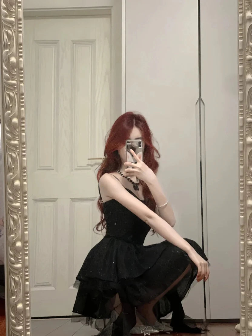 Aimishang Shiny Black Spaghetti Straps A Line Sleeveless Short Homecoming Dress Stylish Birthday Party Dress