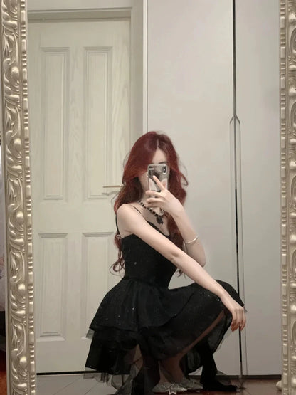 Aimishang Shiny Black Spaghetti Straps A Line Sleeveless Short Homecoming Dress Stylish Birthday Party Dress