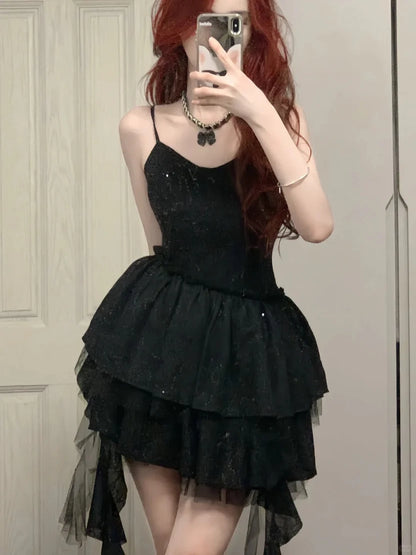 Aimishang Shiny Black Spaghetti Straps A Line Sleeveless Short Homecoming Dress Stylish Birthday Party Dress