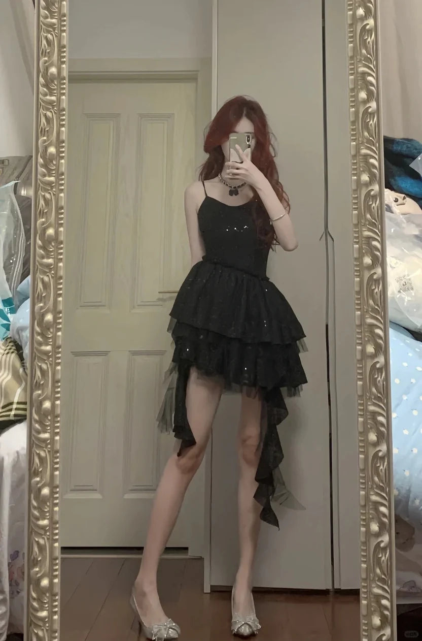 Aimishang Shiny Black Spaghetti Straps A Line Sleeveless Short Homecoming Dress Stylish Birthday Party Dress