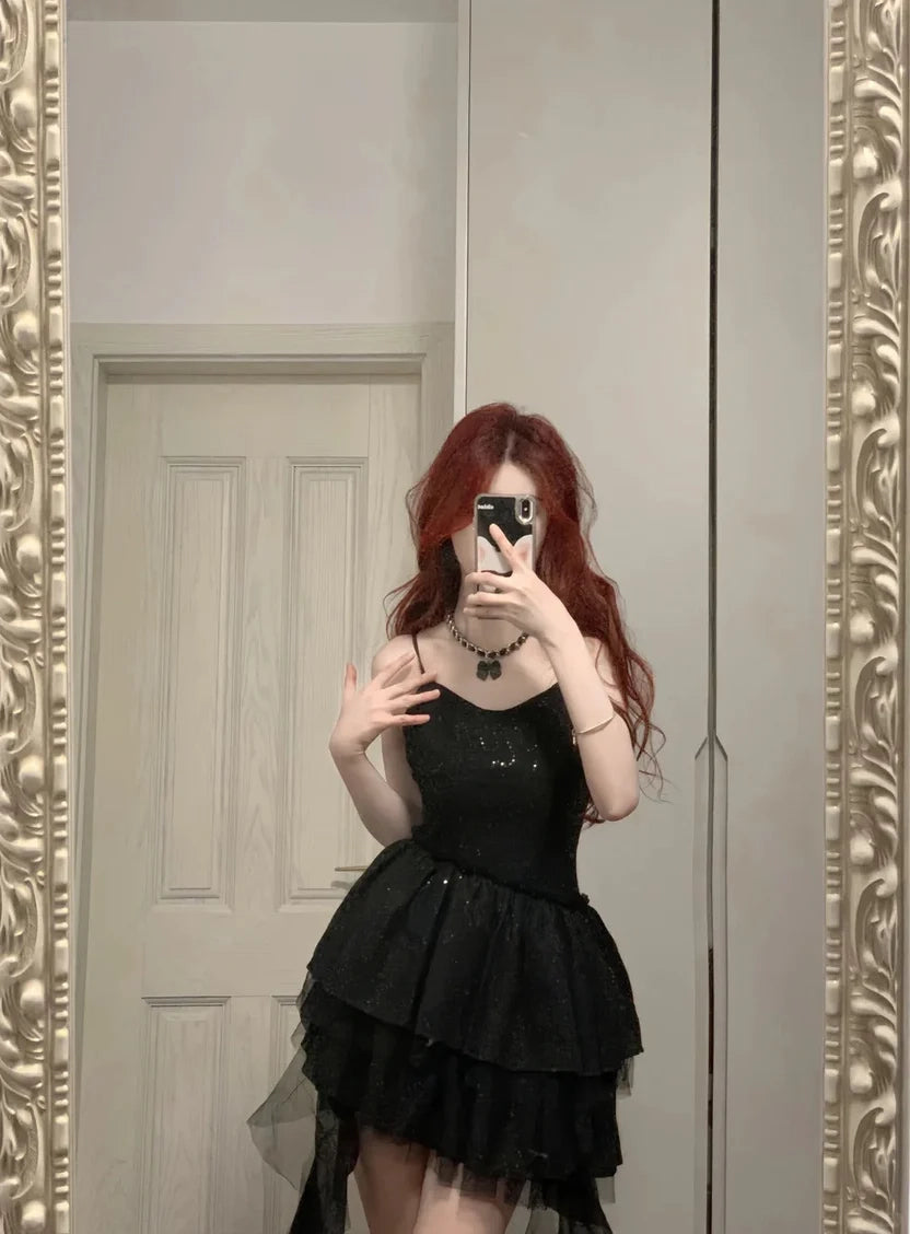 Aimishang Shiny Black Spaghetti Straps A Line Sleeveless Short Homecoming Dress Stylish Birthday Party Dress