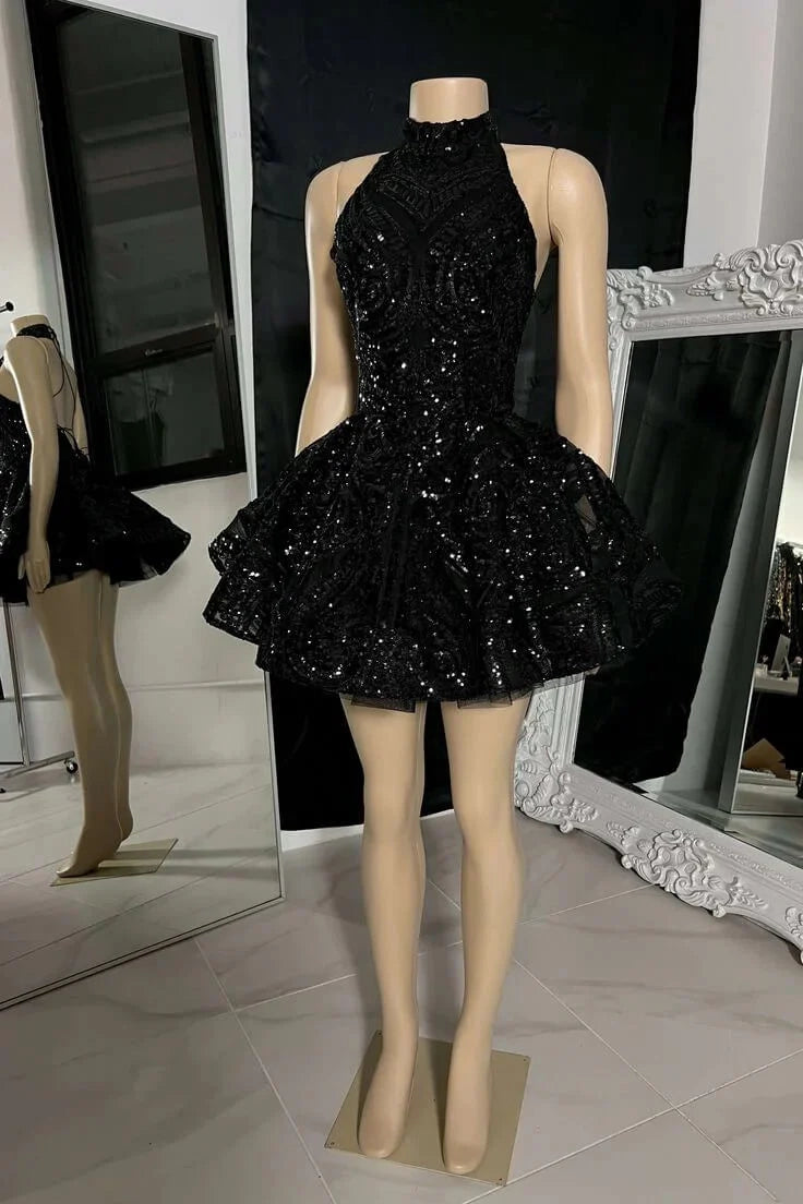 Aimishang Sparkly Black A Line Halter Sequins Sleeveless Short Formal Homecoming Dress Fashion Birthday Party Dress