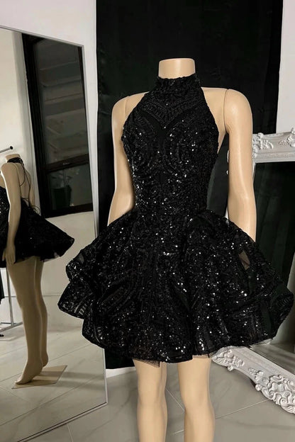 Aimishang Sparkly Black A Line Halter Sequins Sleeveless Short Formal Homecoming Dress Fashion Birthday Party Dress