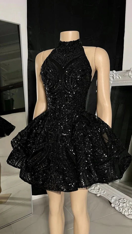 Aimishang Sparkly Black A Line Halter Sequins Sleeveless Short Formal Homecoming Dress Fashion Birthday Party Dress