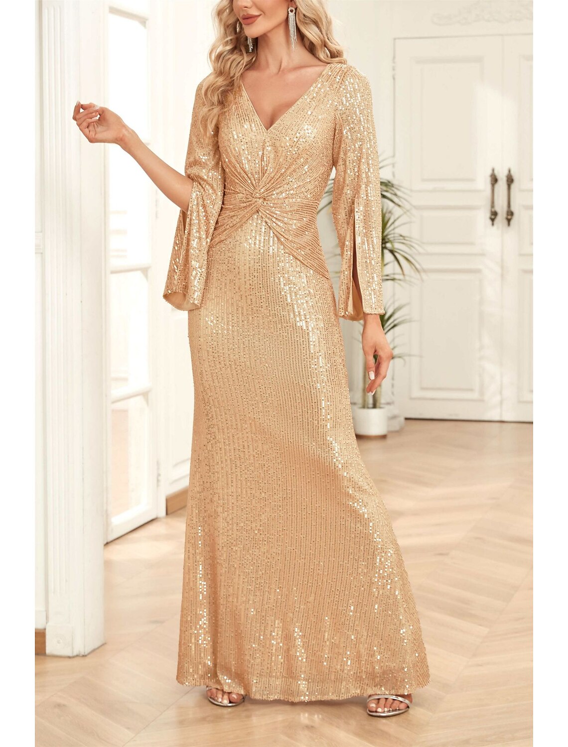 Wholesa Mermaid / Trumpet Mother of the Bride Dress Wedding Guest Party Sparkle & Shine Scoop Neck V Neck Floor Length Sequined 3/4 Length Sleeve with Ruching Solid Color